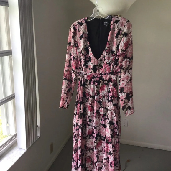 Bardot pleated floral midi dress cutout long sleeves Size 8 Size M - Picture 3 of 9